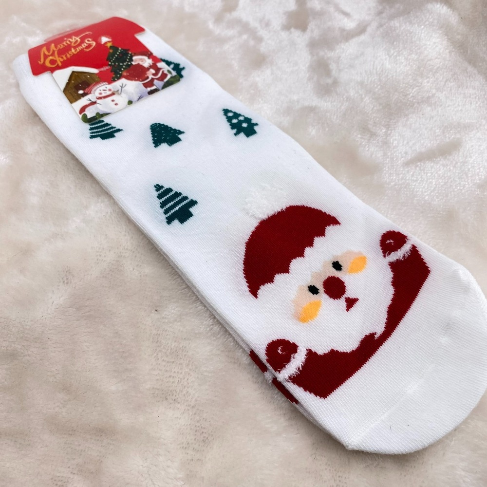 Santa Christmas Socks Hearts White Green Trees Novelty One Size NEW